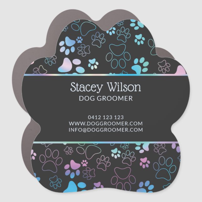  Holographic And Charcoal Paw Print Pet Groomer Car Magnet (Front)