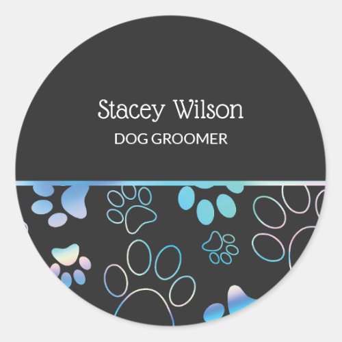  Holographic And Charcoal Paw Print Pet Groomer Classic Round Sticker