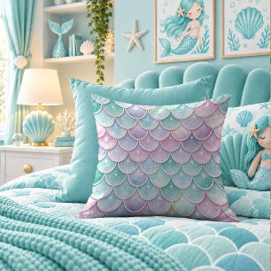 Holographic Aqua Mermaid Scales Chic Throw Pillow