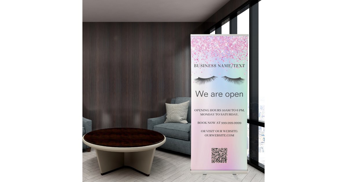 Holographic beauty salon lashes Qr code Retractable Banner | Zazzle