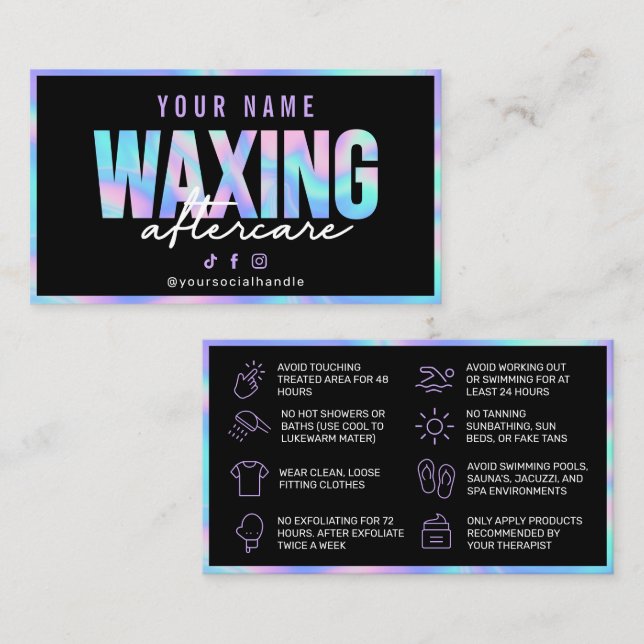 Holographic Black Modern Waxing Aftercare Business Card (Front/Back)