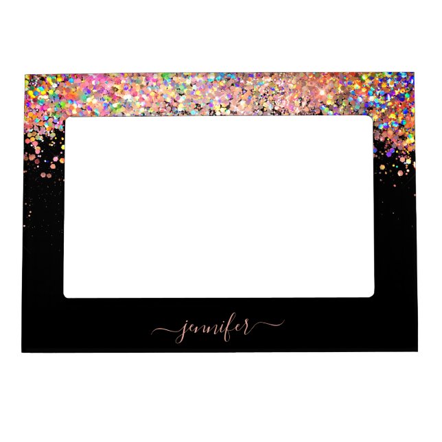 Holographic Blush Pink Glitter Monogram Girly Magnetic Frame (Front)