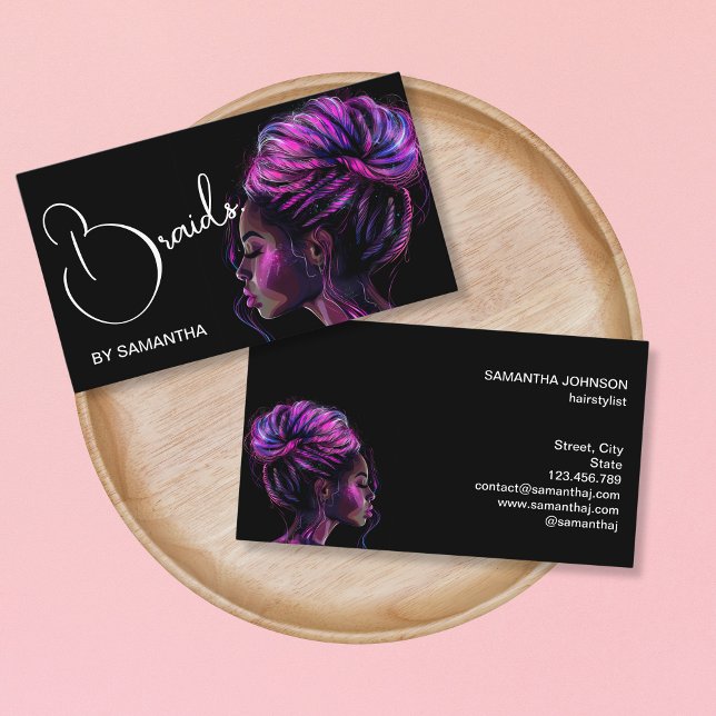holographic braids braider braiding hair stylist business card (vibrant holographic purple braids)