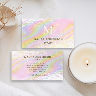 Holographic Brushed Pink Modern Monogram Elegant Business Card