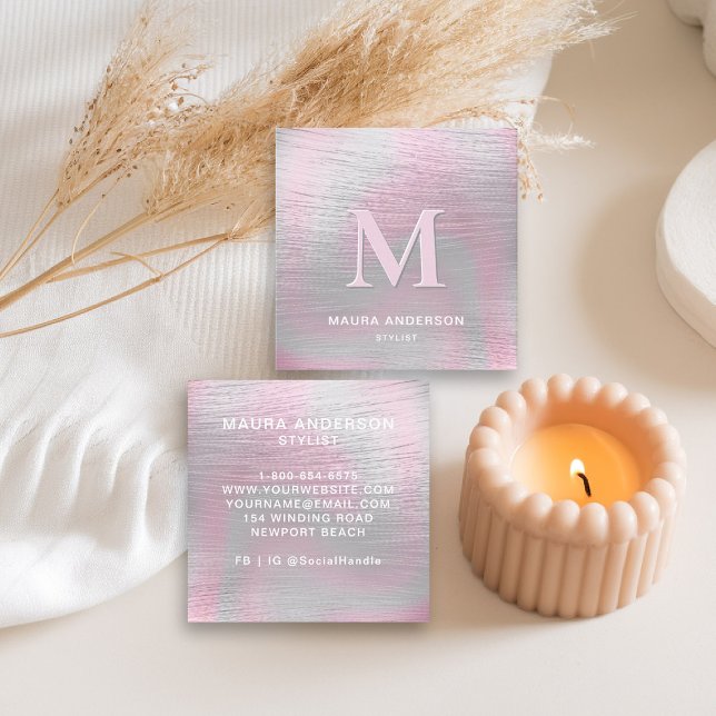 Holographic Brushed Pink Modern Monogram Elegant Square Business Card (holographic business card square brushed pink monogram hairdresser stylist coach artist lash nails)