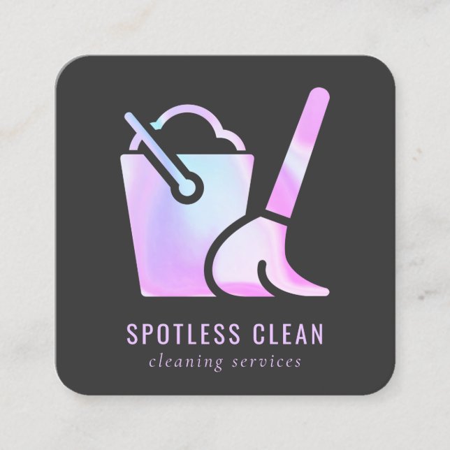 Holographic Bucket Broom Cleaner Cleaning Service Square Business Card (Front)