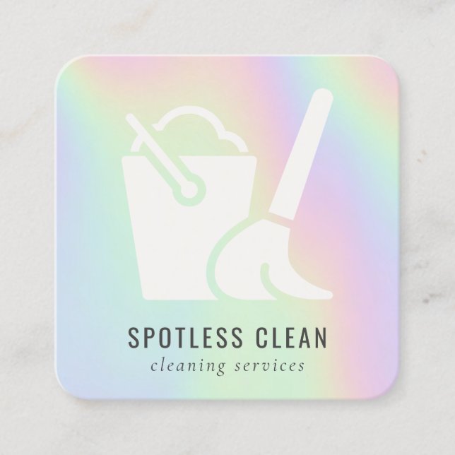 Holographic Bucket Broom Cleaner Cleaning Service Square Business Card (Front)