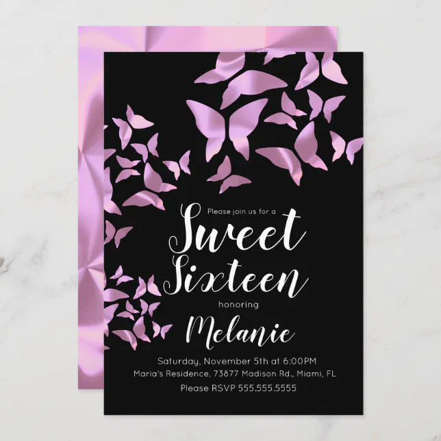 Holographic Butterflies Pink Sweet Sixteen Party Invitation | Zazzle