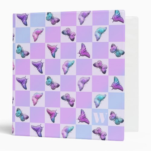 Holographic Butterflies Purple Checkerboard 3 Ring Binder