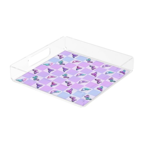 Holographic Butterflies Purple Checkerboard Acrylic Tray