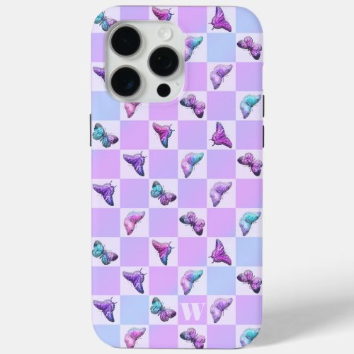 Holographic Butterflies Purple Checkerboard iPhone 15 Pro Max Case