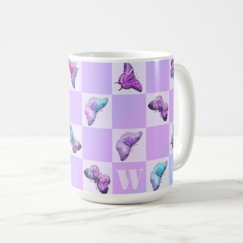 Holographic Butterflies Purple Checkerboard Coffee Mug