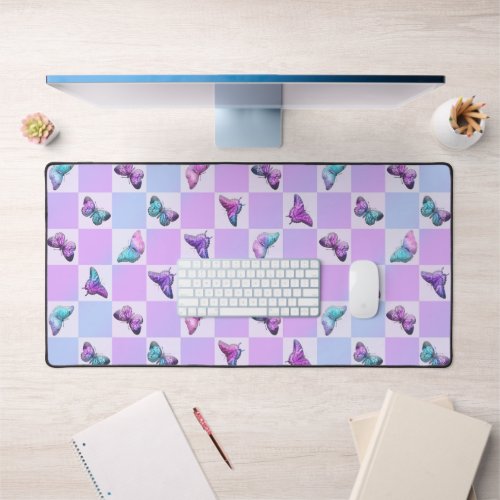 Holographic Butterflies Purple Checkerboard Desk Mat