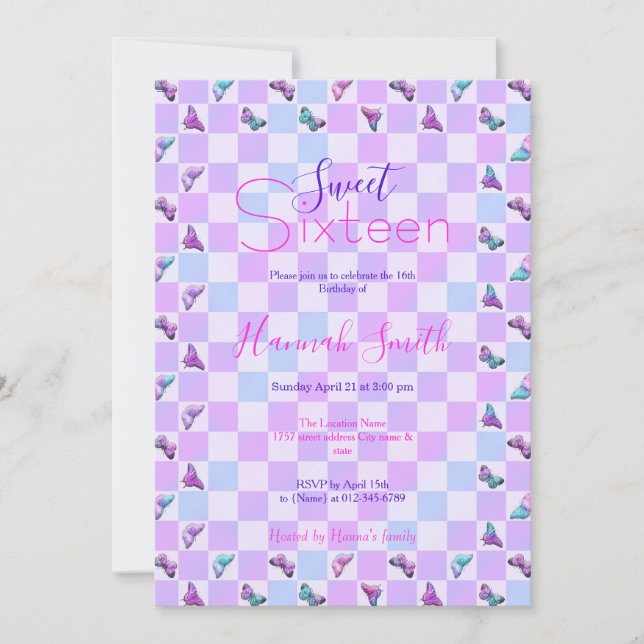 Holographic Butterflies Purple Checkerboard Invitation (Front)