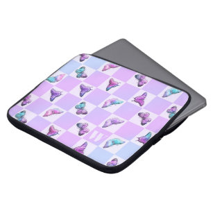 Holographic Butterflies Purple Checkerboard Laptop Sleeve
