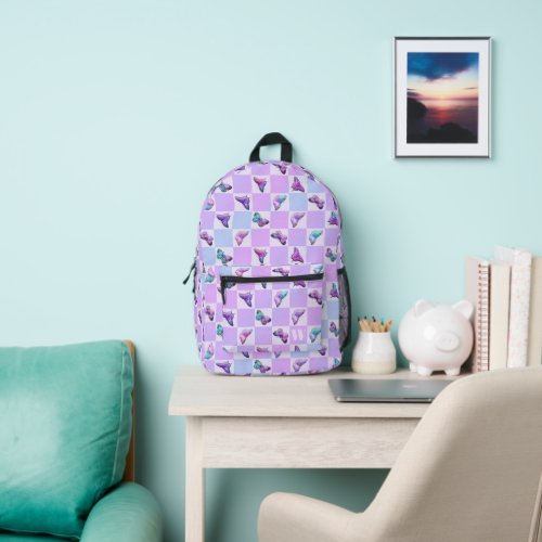 Holographic Butterflies Purple Checkerboard Printed Backpack