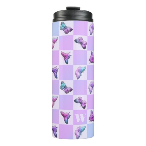 Holographic Butterflies Purple Checkerboard Thermal Tumbler