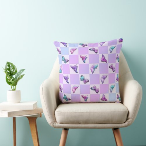 Holographic Butterflies Purple Checkerboard Throw Pillow