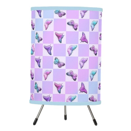 Holographic Butterflies Purple Checkerboard Tripod Lamp