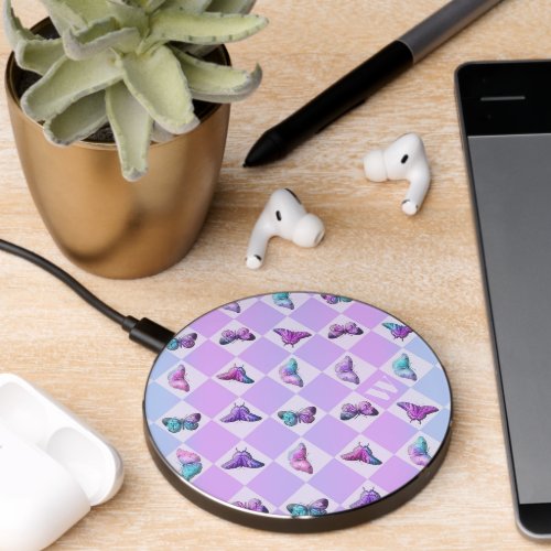 Holographic Butterflies Purple Checkerboard Wireless Charger