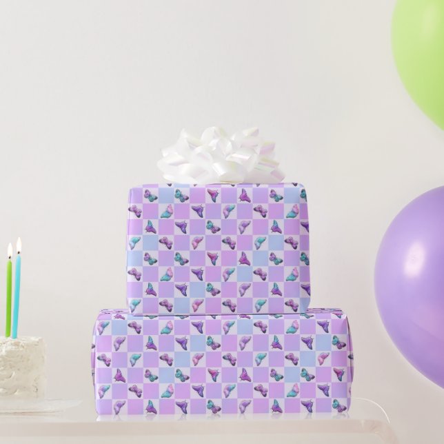Holographic Butterflies Purple Checkerboard Wrapping Paper (Party Gifts)