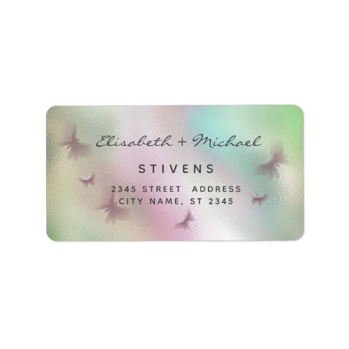 Holographic butterfly script wedding label