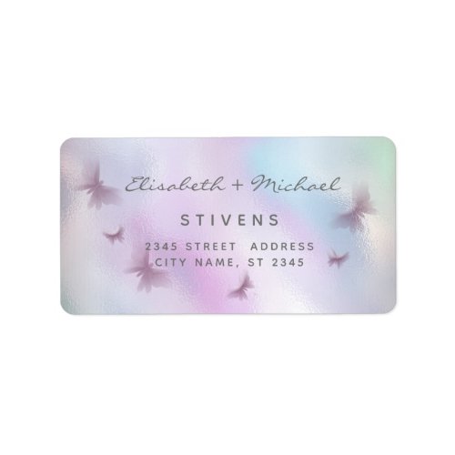 Holographic butterfly script wedding label