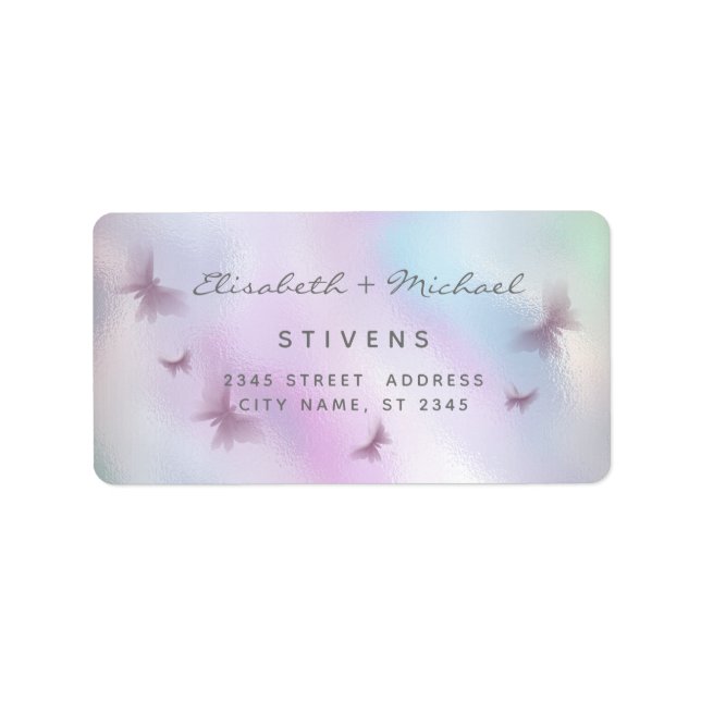 Holographic butterfly script wedding label (Front)