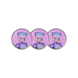 Holographic Catgirl Cyber Pop Portrait Golf Ball Marker