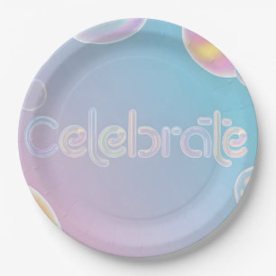 Holographic Celebration: "Celebrate" Typography Paper Plates