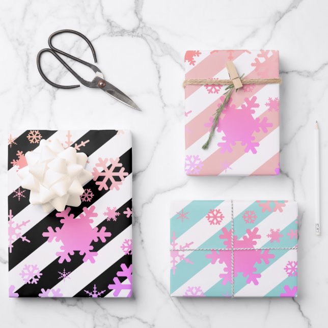 Holographic Christmas Snowflake Pattern Striped  Wrapping Paper Sheets (Front)