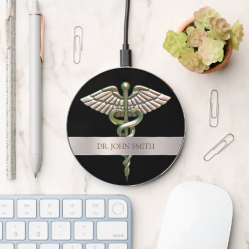 Holographic Chrome 3D Silver Medical Caduceus Wireless Charger