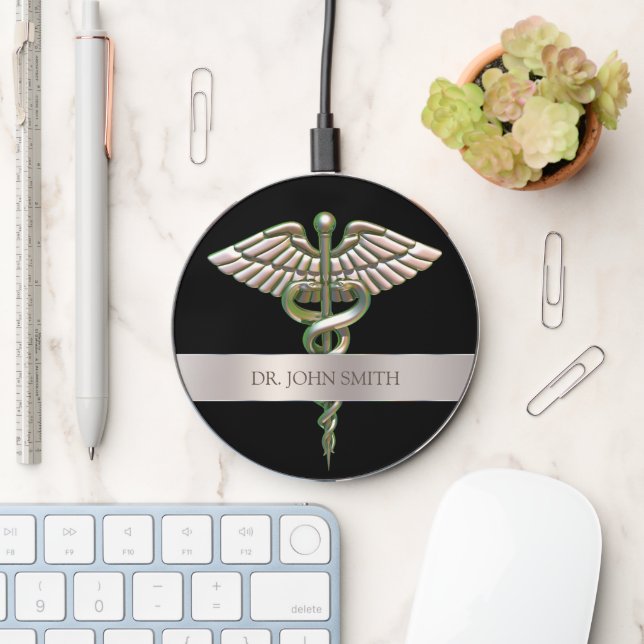 Holographic Chrome 3D Silver Medical Caduceus Wireless Charger (Desk)