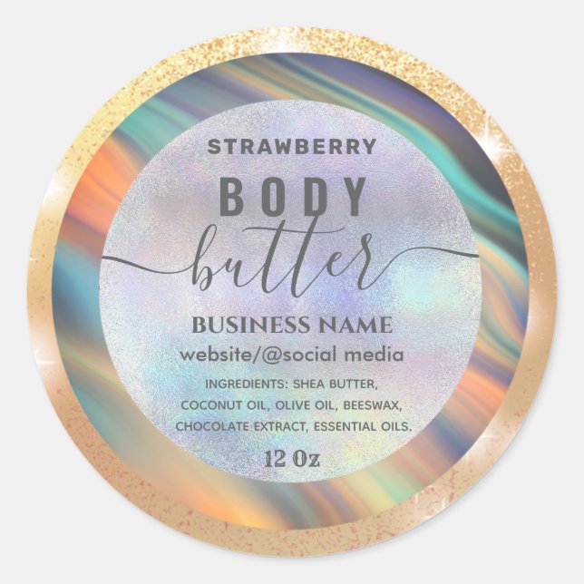 Holographic colorful script body butter label (Front)