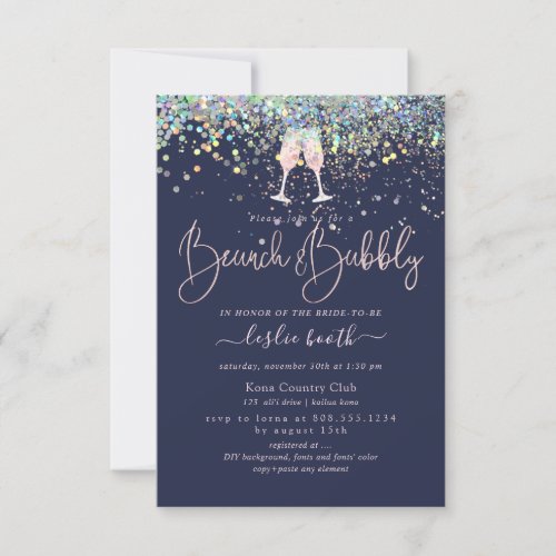 Holographic Confetti BrunchBubbly Pink Champagne Invitation