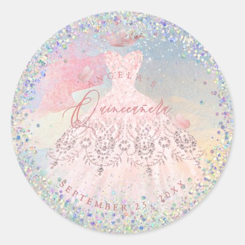 Holographic Confetti Quinceanera Blush Gown Classic Round Sticker