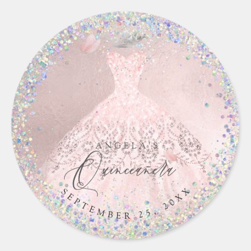 Holographic Confetti Quinceanera Blush Gown Classic Round Sticker