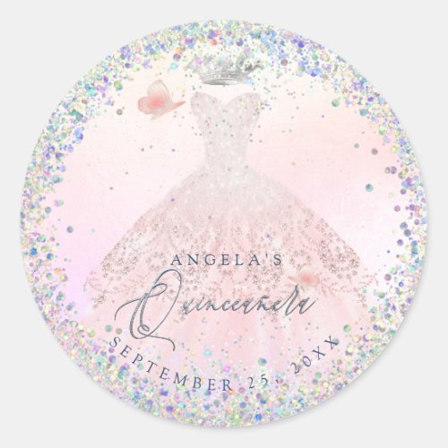 Holographic Confetti Quinceanera Blush Pink Gown  Classic Round Sticker