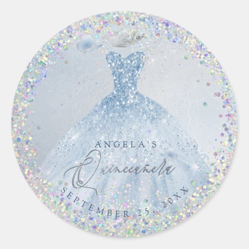 Holographic Confetti Quinceanera Dusty Blue Gown Classic Round Sticker