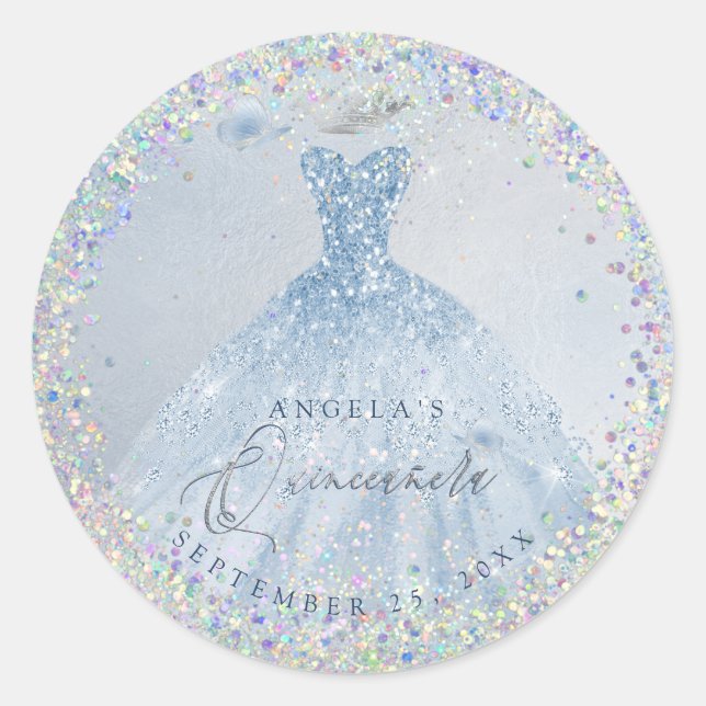 Holographic Confetti Quinceanera Dusty Blue Gown Classic Round Sticker (Front)