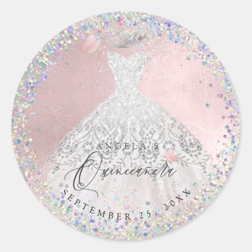 Holographic Confetti Quinceanera Gown Glitter Classic Round Sticker