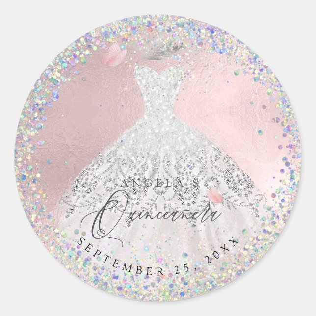 Holographic Confetti Quinceanera Gown Glitter Classic Round Sticker (Front)