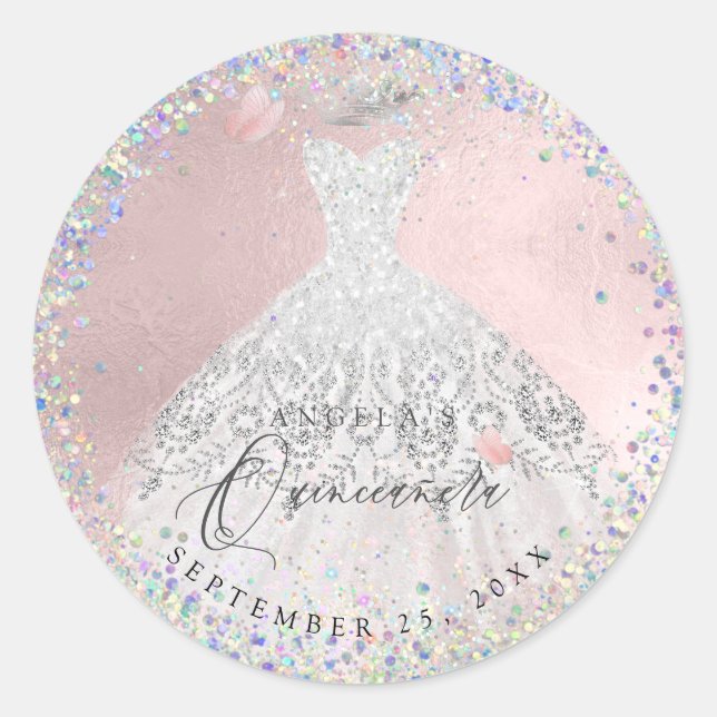 Holographic Confetti Quinceanera Gown Glitter Classic Round Sticker (Front)