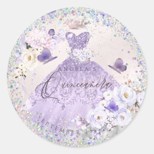 Holographic Confetti Quinceanera Purple Gown Classic Round Sticker