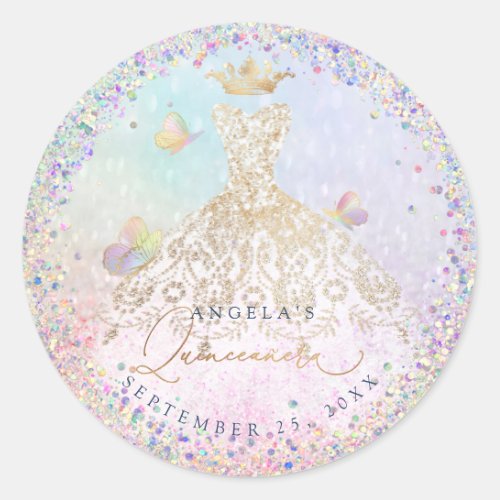 Holographic Confetti Quinceanera White Gold Gown C Classic Round Sticker