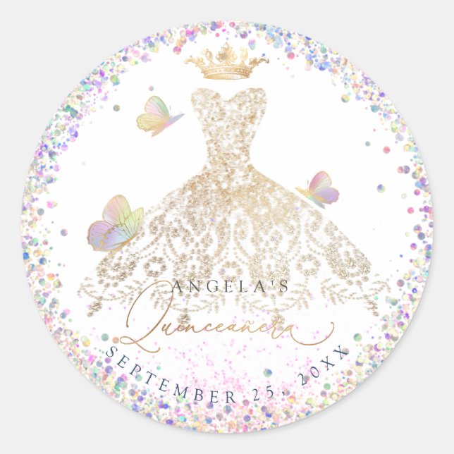 Holographic Confetti Quinceanera White Gold Gown Classic Round Sticker (Front)