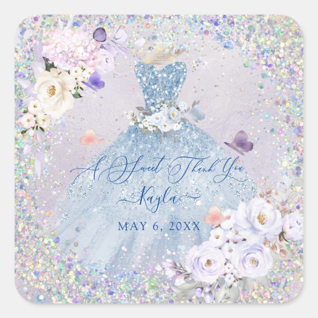 Holographic Confetti Sweet 16 Dusty Blue Gown Square Sticker (Front)