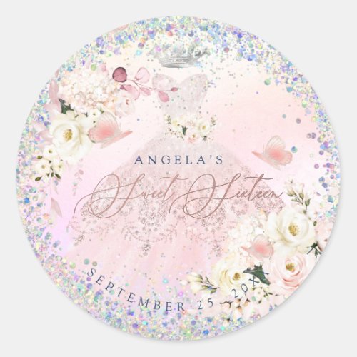 Holographic Confetti Sweet Sixteen Blush Pink Gown Classic Round Sticker