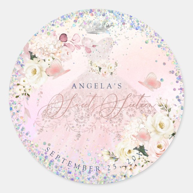 Holographic Confetti Sweet Sixteen Blush Pink Gown Classic Round Sticker (Front)