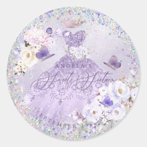 Holographic Confetti Sweet Sixteen Purple Gown Classic Round Sticker